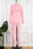 Pink Casual Solid Basic Hooded Collar Long Sleeve Two Pieces