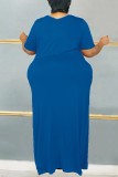 Blaues, lässiges, solides Basic-Kleid mit V-Ausschnitt und kurzen Ärmeln Kleider in Übergröße