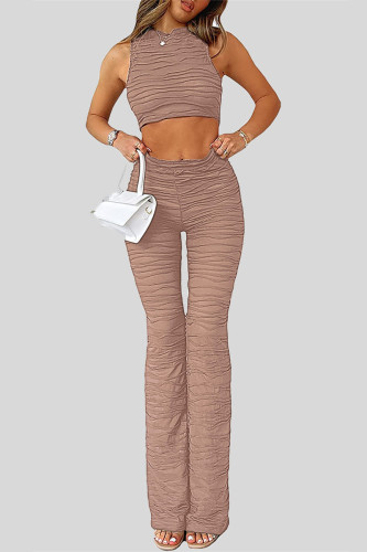 Brownness Casual Solid Patchwork See-through O Neck Sleeveless Two Pieces