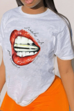 Witte straat Vintage lippen bedrukte patchwork T-shirts met ronde hals
