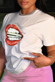 Witte straat Vintage lippen bedrukte patchwork T-shirts met ronde hals