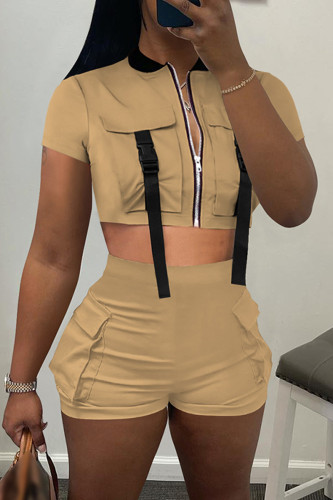 Khaki Casual Solid Patchwork Zipper Collar Short Sleeve Two Pieces