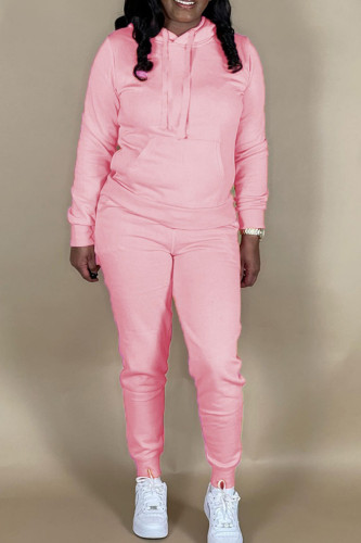 Pink Street Hooded Collar Sweatshirt And Pants Sportwear Plus Size Two Piece Jogger Set