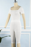 Белый Однотонный Пэчворк U-образный вырез С короткими рукавами Повседневная спортивная одежда Из двух частей