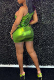 Vestidos de falda de lápiz de cuello oblicuo de patchwork sólido sexy verde