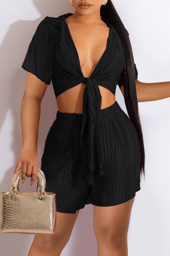 Black Sexy Street Solid Bandage Patchwork Fold Short Sleeve Two Pieces