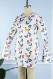 Vita Casual Butterfly Print Basic O-hals långärmade klänningar i plusstorlek