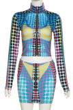 Blue Sexy Print Patchwork Zipper Collar Long Sleeve Two Pieces