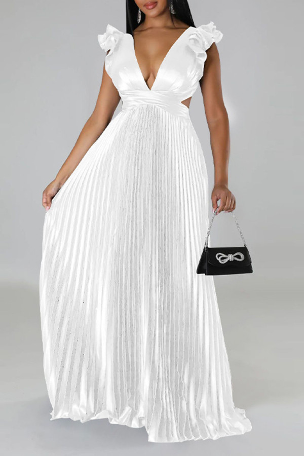 Witte sexy effen patchwork rugloze vouw V-hals rechte jurken