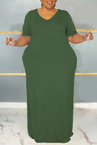 グリーン カジュアル ソリッド ベーシック Vネック 半袖ドレス プラスサイズドレス