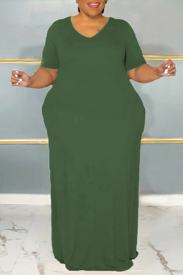 Grünes, lässiges, solides Basic-Kleid mit V-Ausschnitt und kurzen Ärmeln Kleider in Übergröße