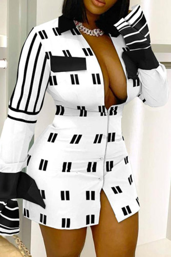 Robes de robe de chemise à col rabattu en patchwork imprimé décontracté blanc noir