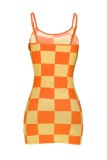 Oranje sexy casual geruite print rugloze spaghettibandjes mouwloze jurkjurken