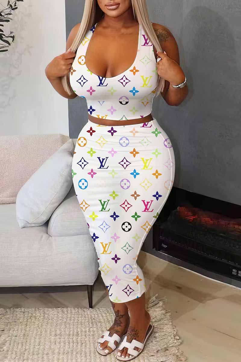 White Sexy Print Letter U Neck Sleeveless Two Pieces