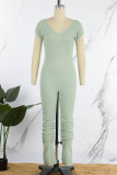 Green Casual Solid Basic V Neck Skinny Jumpsuits