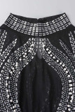 Black Sexy Patchwork Hot Drilling See-through Half A Turtleneck Long Sleeve Dresses