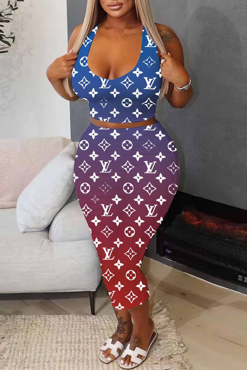 

Blue Sexy Print Letter U Neck Sleeveless Two Pieces