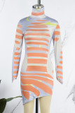 Orange Casual Print Basic Turtleneck Long Sleeve Dresses