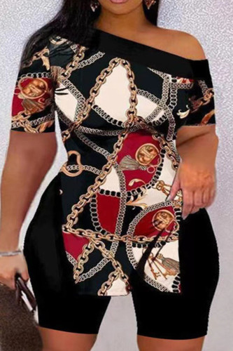Black Red Casual Print Patchwork Slit Oblique Collar Plus Size Two Pieces