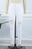 Белые повседневные однотонные рваные джинсы скинни с высокой талией
