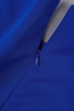 Azul Elegante Sólido Patchwork Vestidos com Folho O Neck Saia Lápis (Sem Cinto)