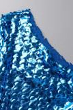 Il solido sexy blu ha scavato i vestiti lunghi dalla manica del collare obliquo trasparente