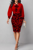 Red Sexy Print Patchwork Ribbon Collar One Step Skirt Dresses