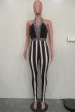 Black Sexy Casual Striped Print Patchwork Backless Halter Skinny Jumpsuits