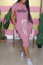 Pink Casual Print Letter O Neck One Step Skirt Dresses
