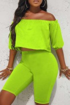 Fluorescent Green Casual Solid Patchwork Off the Shoulder Half Sleeve Two Pieces