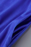 ブルー カジュアル プリント ベーシック Vネック 半袖ドレス プラスサイズドレス