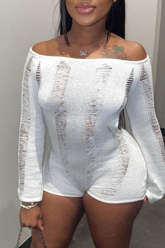 White Sexy Solid Hollowed Out Patchwork See-through Off the Shoulder Skinny Rompers