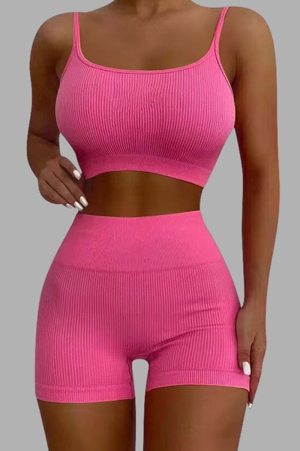 Rose Sexy Casual Solide Dos Nu Bretelle Spaghetti Sans Manches Deux Pièces
