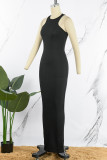 Черное повседневное однотонное базовое длинное платье с круглым вырезом Платья
