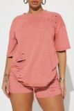 Pink Casual Solid Ripped Kurzarm Zweiteiler