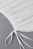 Roupas esportivas casuais brancas sólidas patchwork com cordão gola oblíqua manga curta duas peças