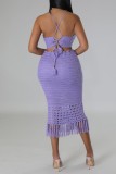 Purple Sexy Solid Tassel Bandage Backless O Neck Sleeveless Two Pieces