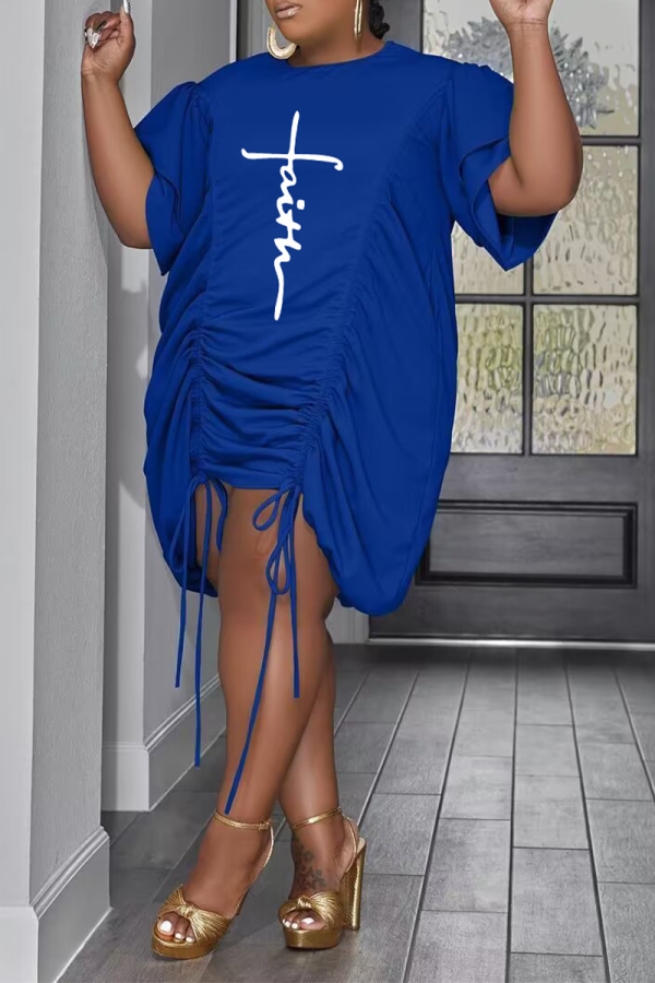 Bleu Casual Print Draw String Flounce O Neck Straight Plus Size Robes