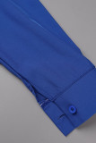 Синие повседневные однотонные платья трапециевидной формы с отложным воротником и пряжкой в ​​стиле пэчворк