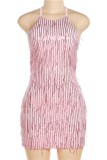 ピンクのセクシーなパッチワーク タッセル包帯スパンコール バックレス ホルター ノースリーブ ドレス ドレス
