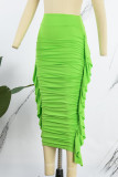 Green Casual Solid Patchwork Fold Skinny High Waist Conventional Solid Color Skirts