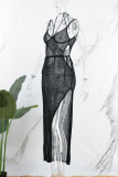 Черное сексуальное сплошное бинтовое прозрачное длинное платье с разрезом на спине и V-образным вырезом Платья