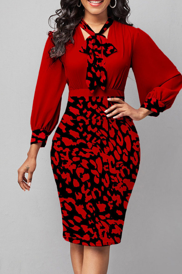 Red Sexy Print Patchwork Ribbon Collar One Step Skirt Dresses