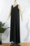 Черное повседневное однотонное длинное платье в стиле пэчворк с V-образным вырезом Платья