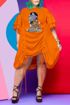 Orange Street Print Draw String Volang O-hals Rak Plus Size Klänningar
