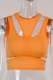 Tangerine Red Casual Sportswear Solid Patchwork Asymétrique O Neck Tops