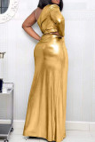 Vestidos de gola assimétrica com fenda e retalhos dourados sexy e sólidos