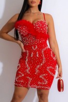 Red Sexy Patchwork Hot Drilling Backless Spaghetti Strap Sleeveless Dress Dresses