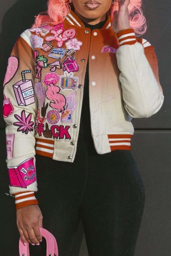 Orange Casual Gradual Change Print Patchwork O Neck Outerwear