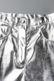 Pantaloni in tinta unita dritti a vita alta con patchwork solido da strada casual argento